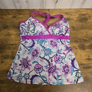 free country white purple floral bathing suit top women's size medium